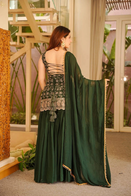 Designer Dark Green Georgette Sharara Suit with Heavy Embroidery