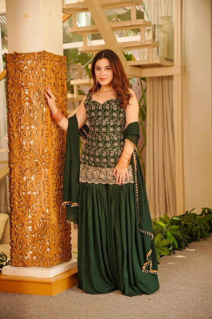 Designer Dark Green Georgette Sharara Suit with Heavy Embroidery
