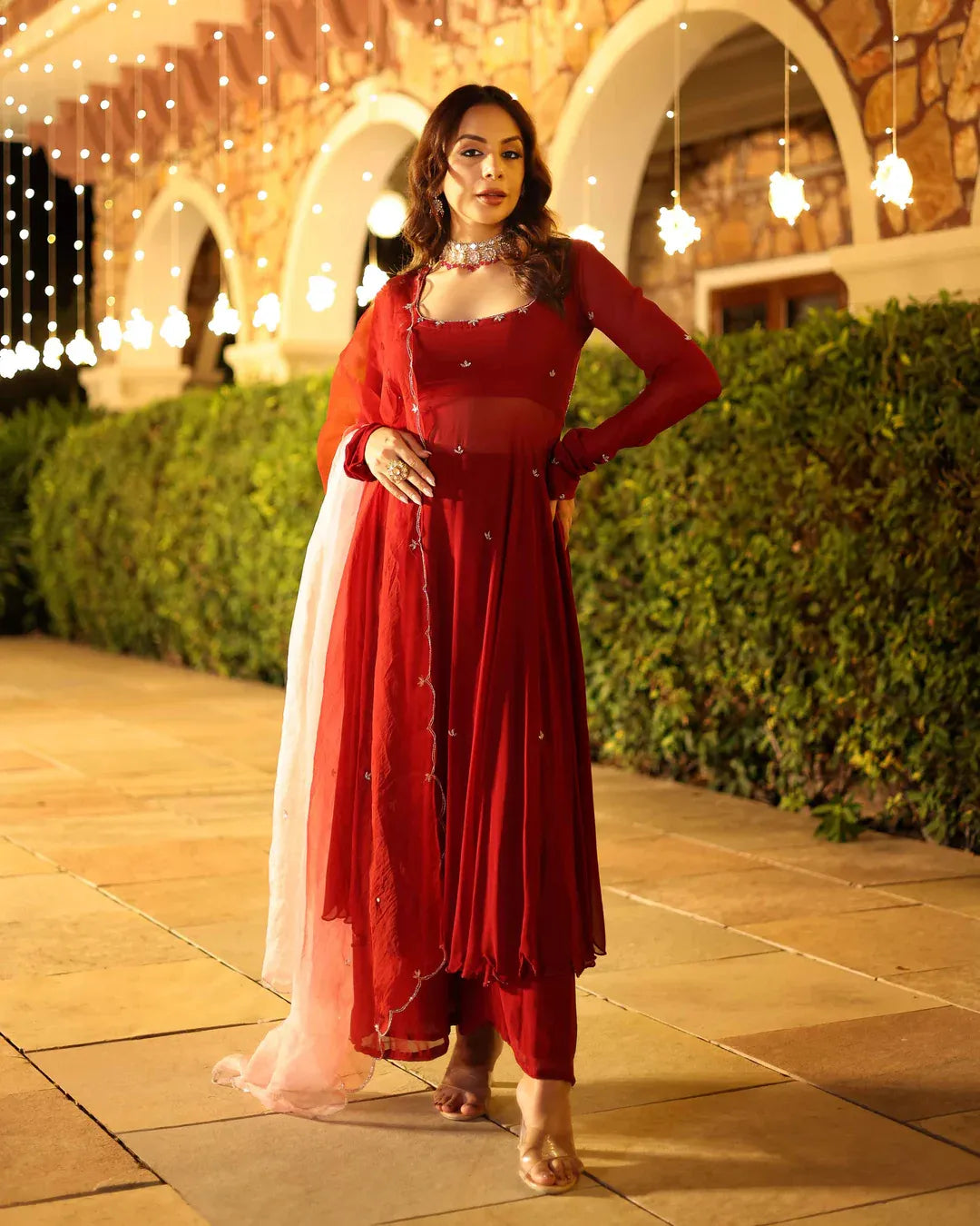 Royal Rust Red Georgette Anarkali Suit Set With Matching Dupatta & Elegant Embellishments