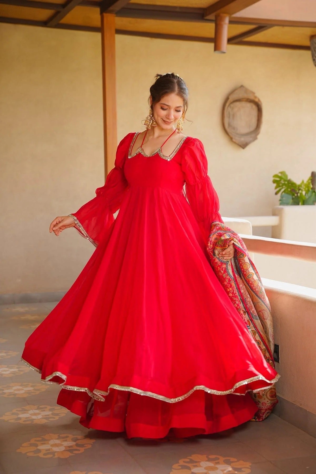 Elegant Red Tabby Silk Anarkali Suit Set With Digital Printed Dupatta