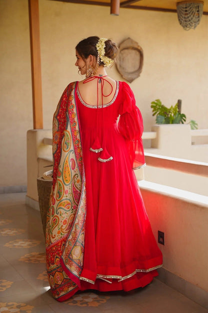 Elegant Red Tabby Silk Anarkali Suit Set With Digital Printed Dupatta