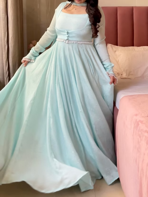 Aqua Blue Designer Chinon Gown Embllished With Delicate Rhinestones