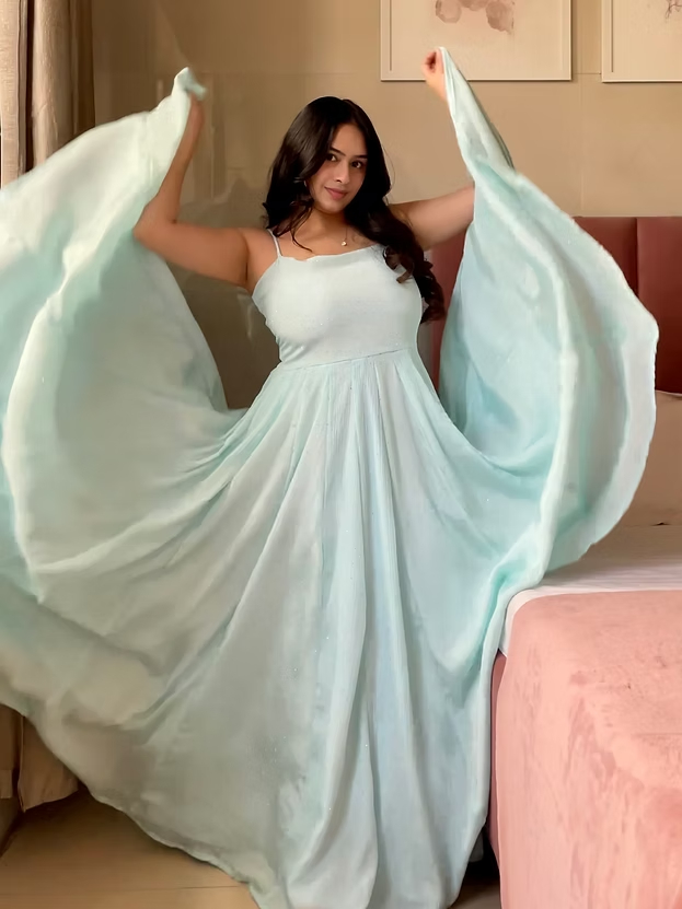 Aqua Blue Designer Chinon Gown Embllished With Delicate Rhinestones