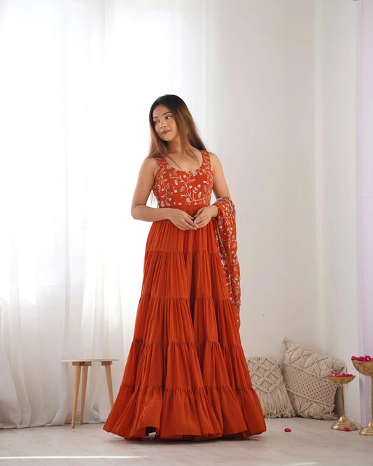 Rust Orange Embroidered Anarkali Suit Set with Dupatta | Traditional Ethnic Gown for Women |