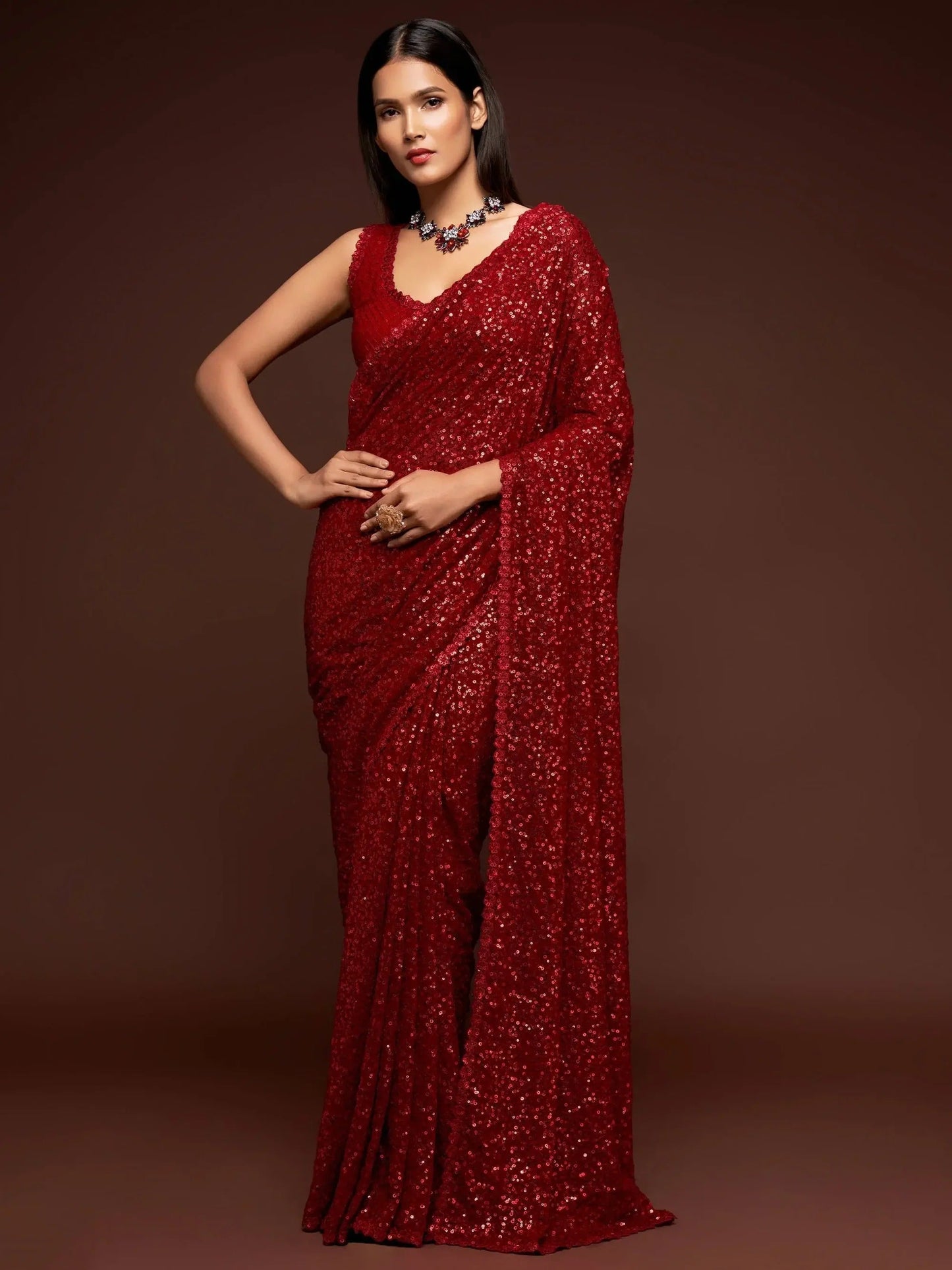 Ruby Red Lightweight  Sequin Embellished Georgette Saree