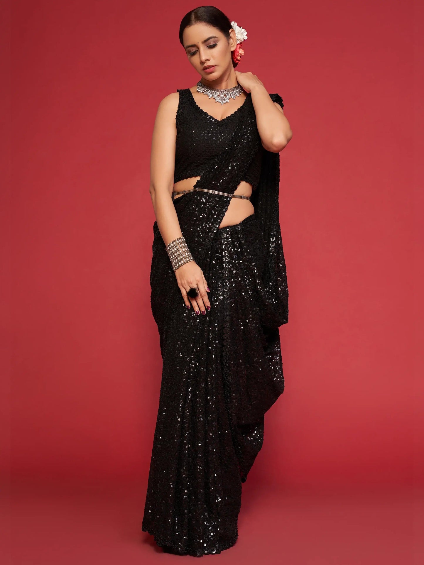 Classic Black Sequined Georgette Saree For Party Look