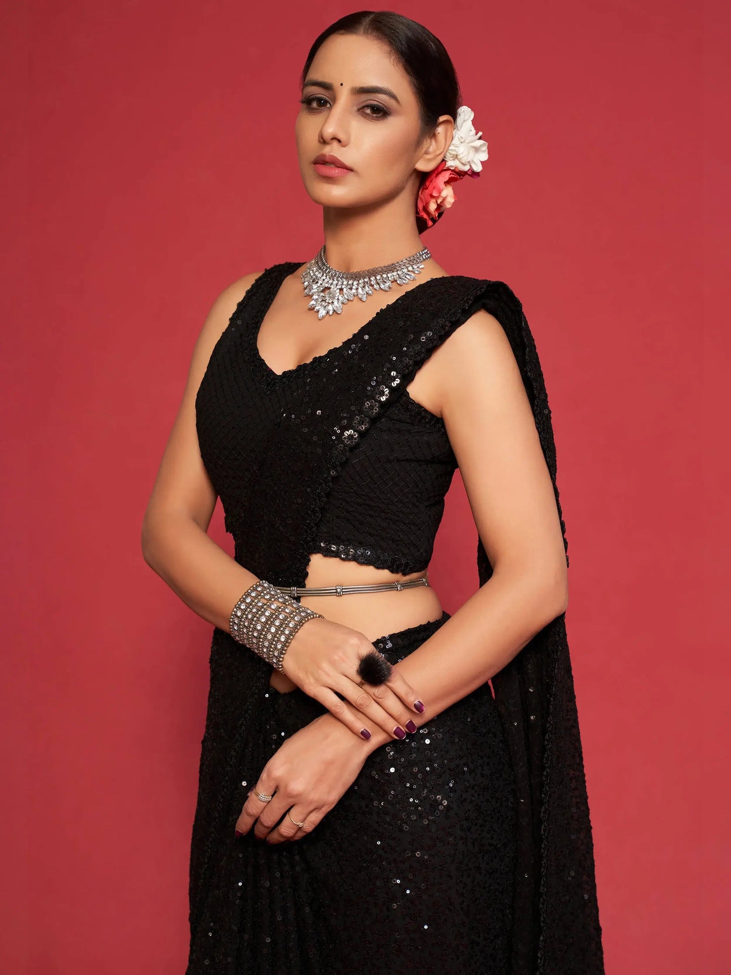 Classic Black Sequined Georgette Saree For Party Look
