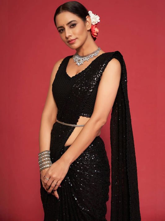 Classic Black Sequined Georgette Saree For Party Look
