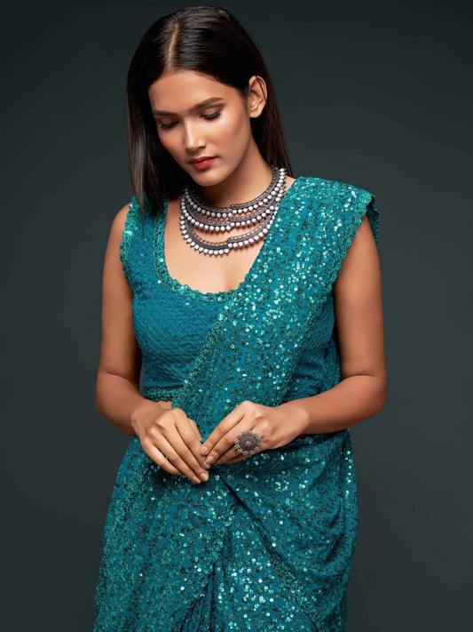 Teal Blue Sequin Georgette Saree for Party Look