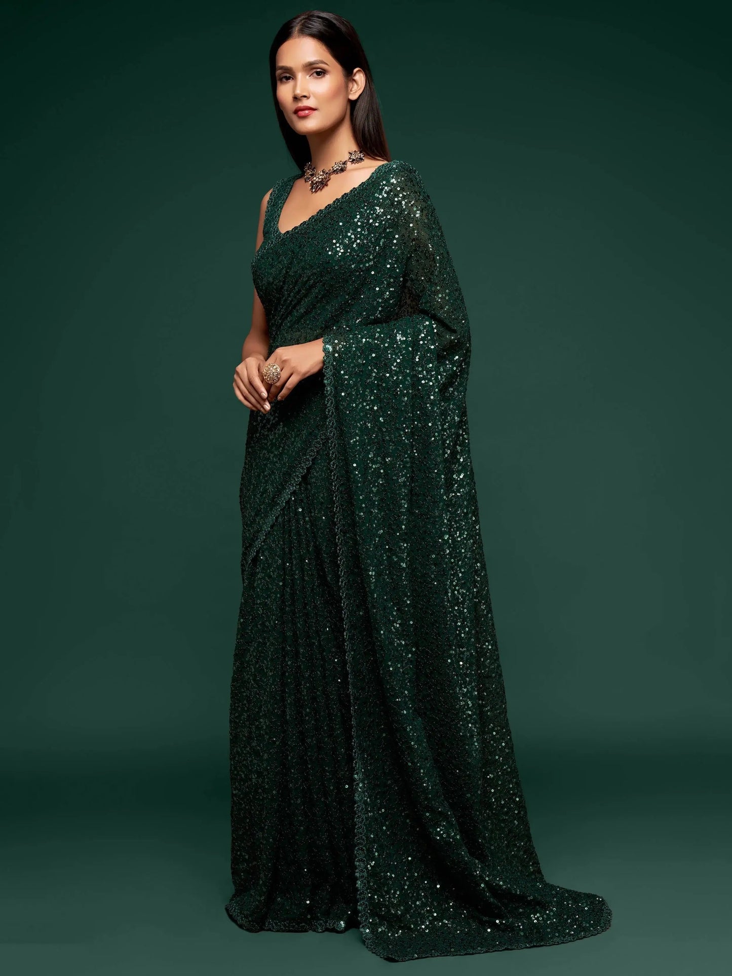Stylish Soft Flowy Georgette Sequin Saree For Party Look