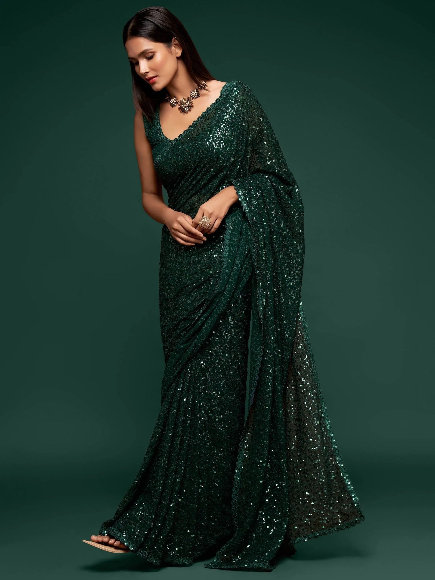 Stylish Soft Flowy Georgette Sequin Saree For Party Look