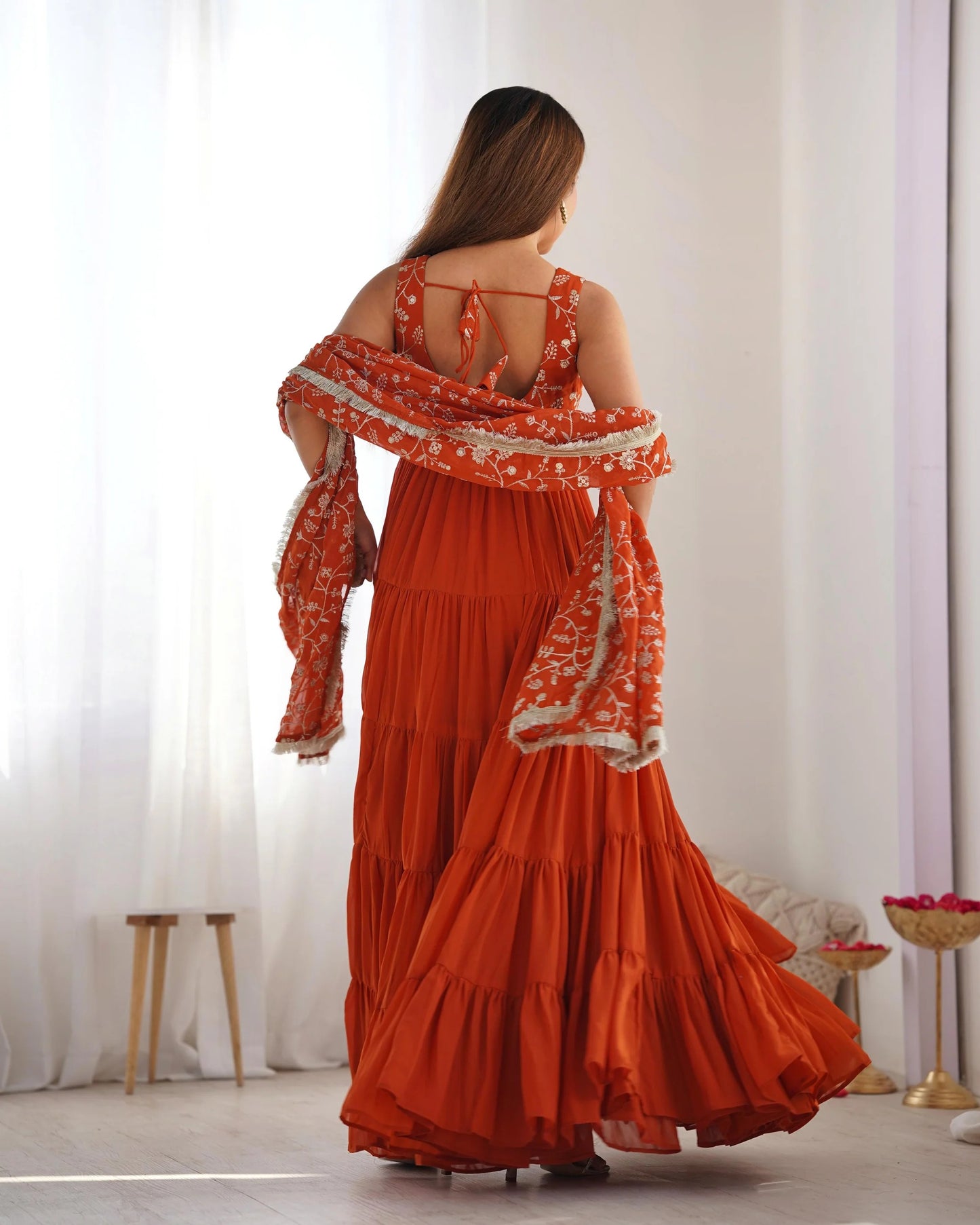 Rust Orange Embroidered Anarkali Suit Set with Dupatta | Traditional Ethnic Gown for Women |