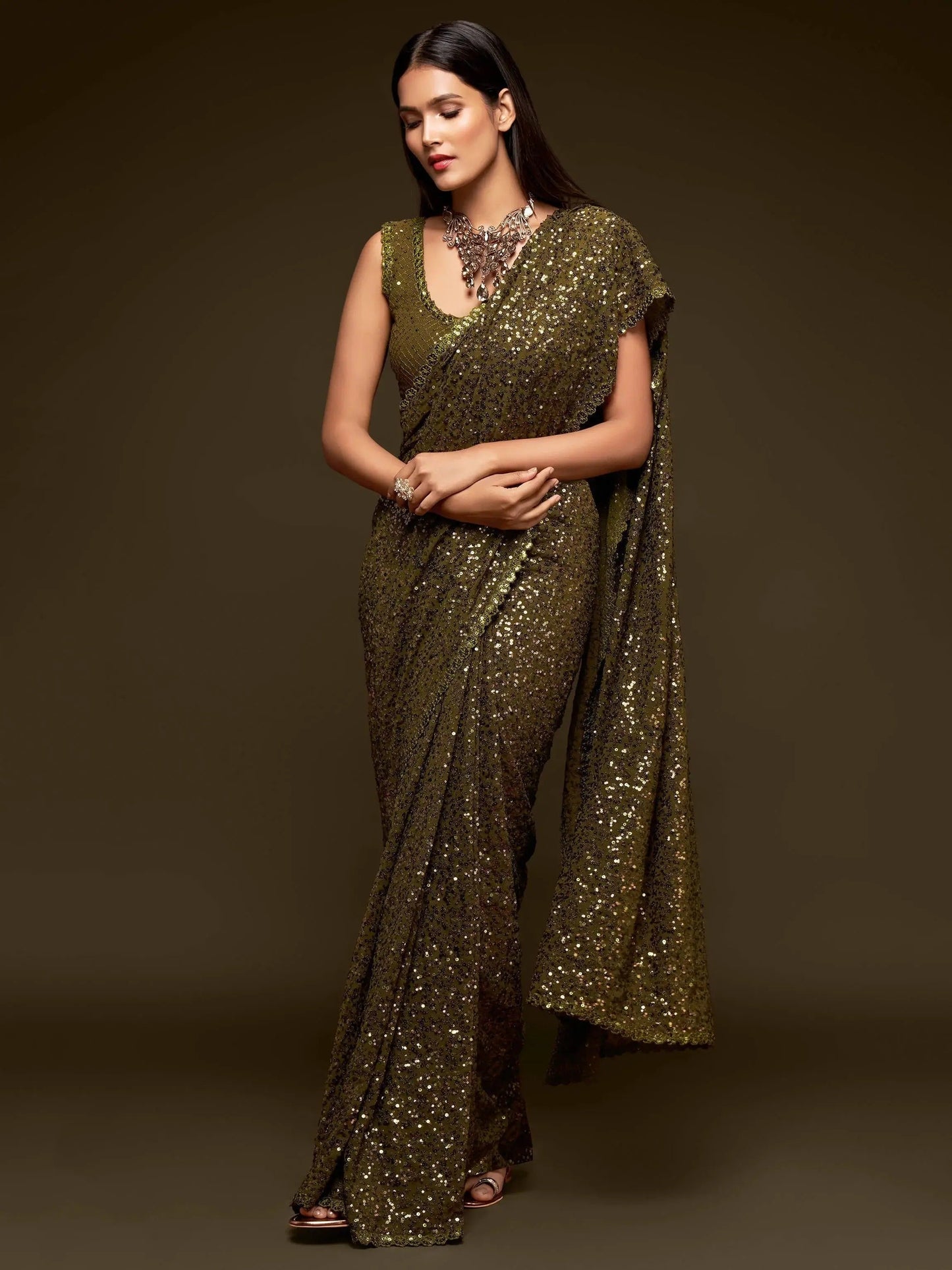 Stylish Olive Green Sequin Saree for Mehndi Function