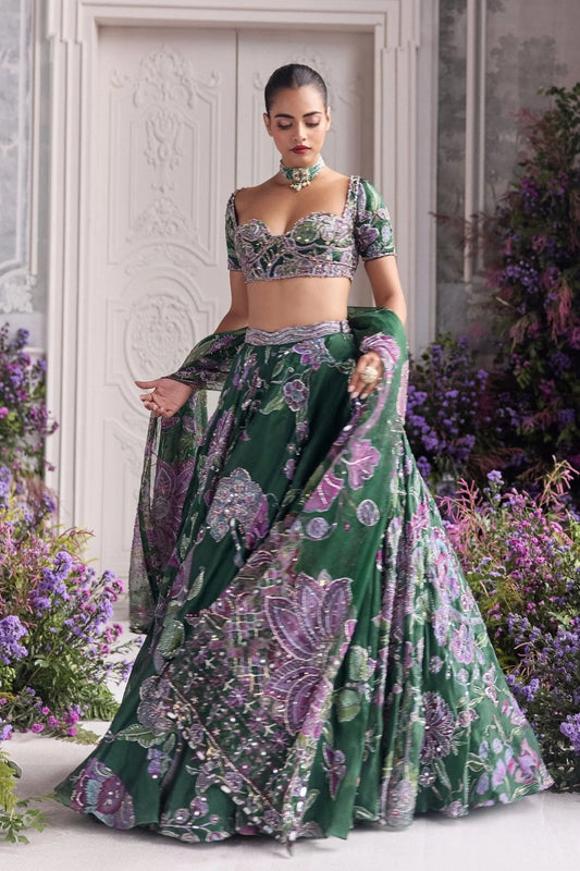 Designer Green Floral Party Wear Lehenga with Dupatta