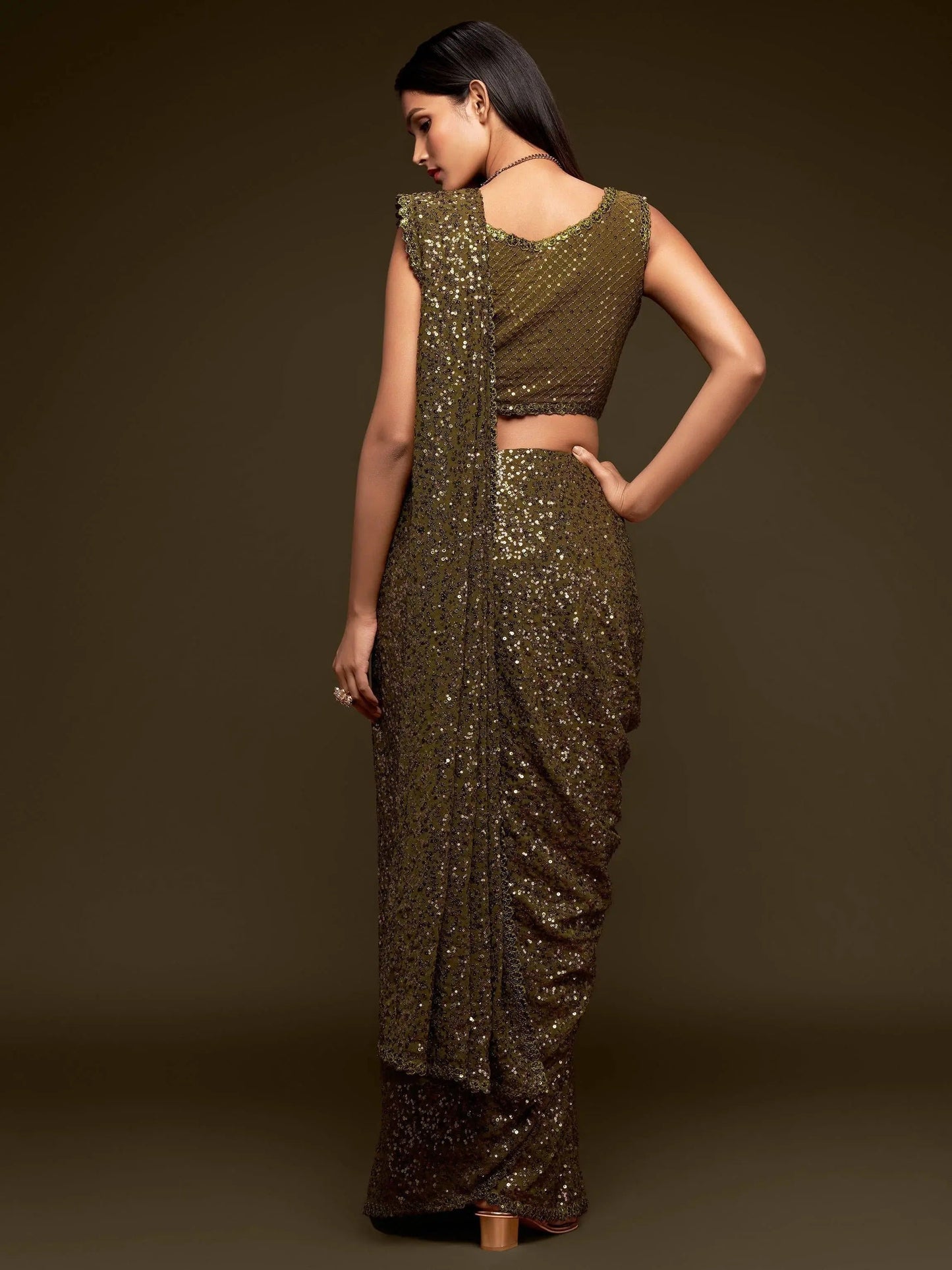 Stylish Olive Green Sequin Saree for Mehndi Function