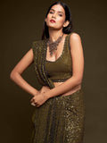Stylish Olive Green Sequin Saree for Mehndi Function
