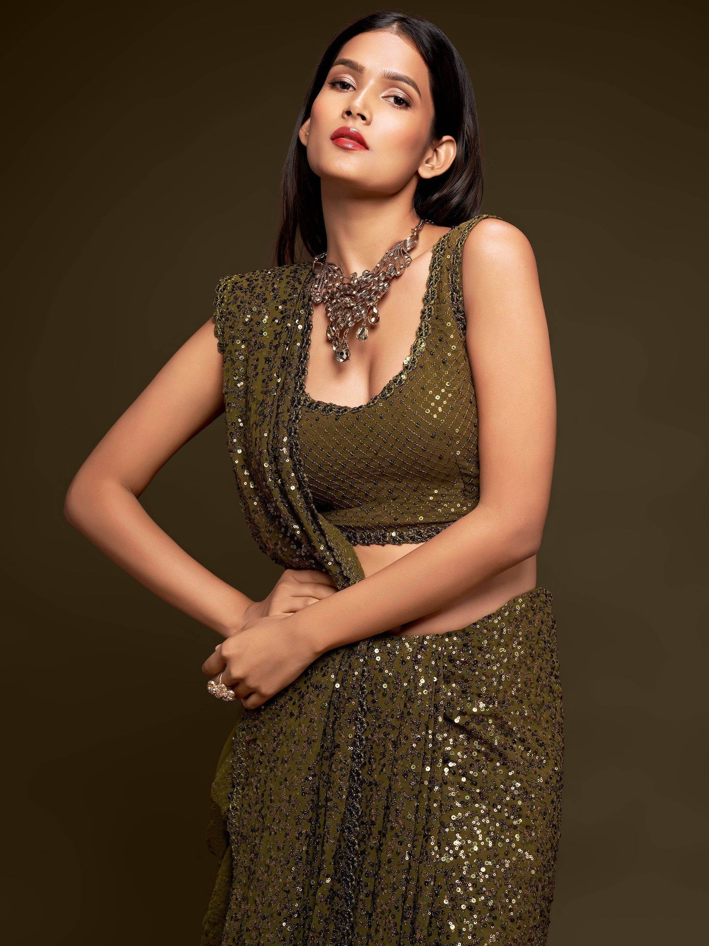 Stylish Olive Green Sequin Saree for Mehndi Function
