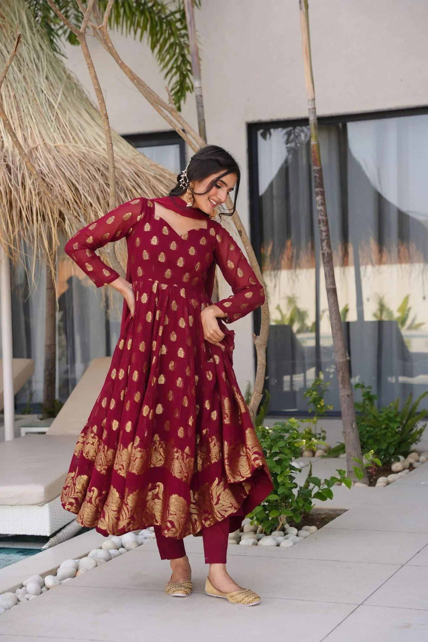 Stunning Maroon Anarkali Suit with  Dupatta – Traditional Wear