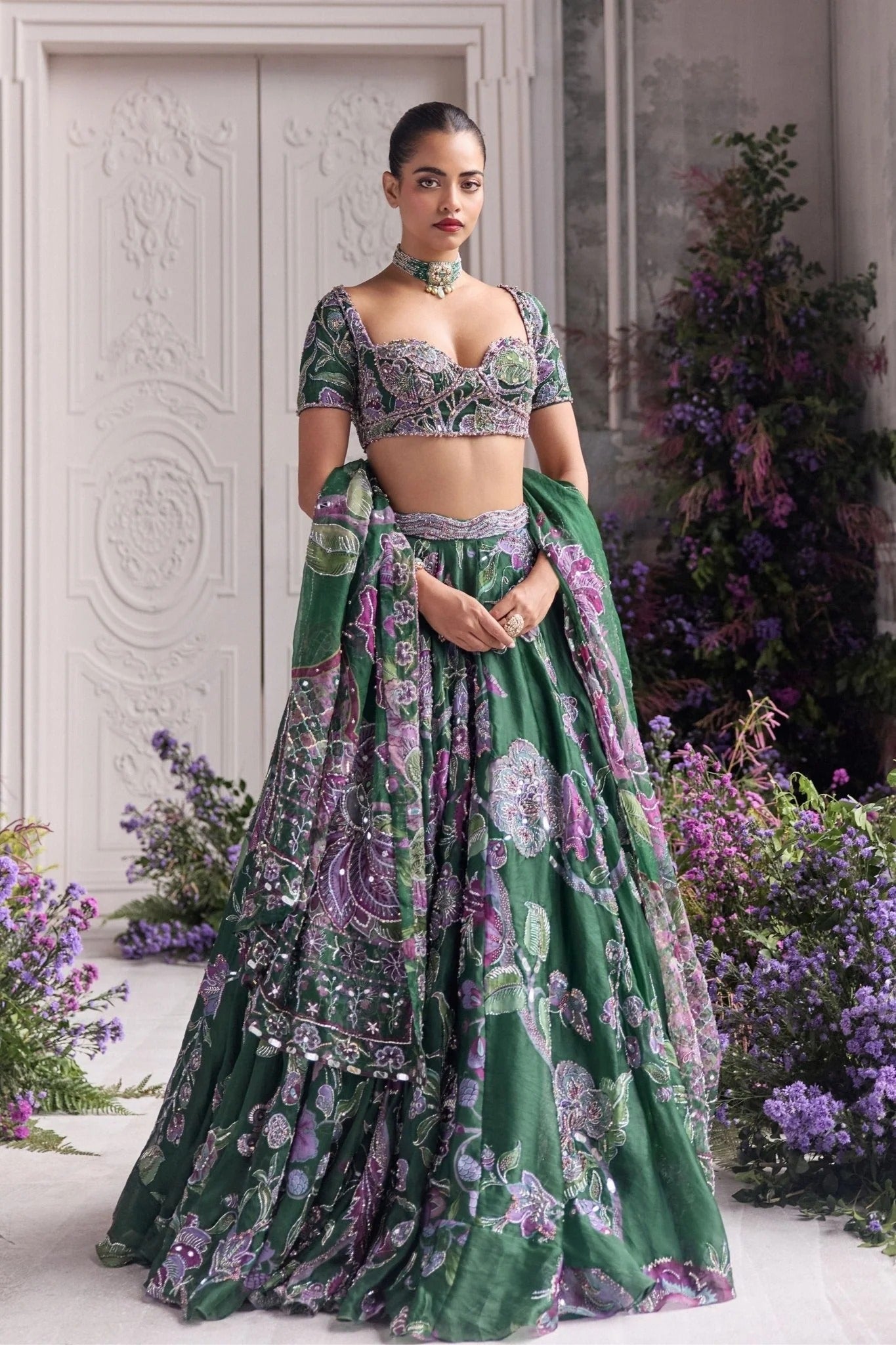 Designer Green Floral Party Wear Lehenga with Dupatta
