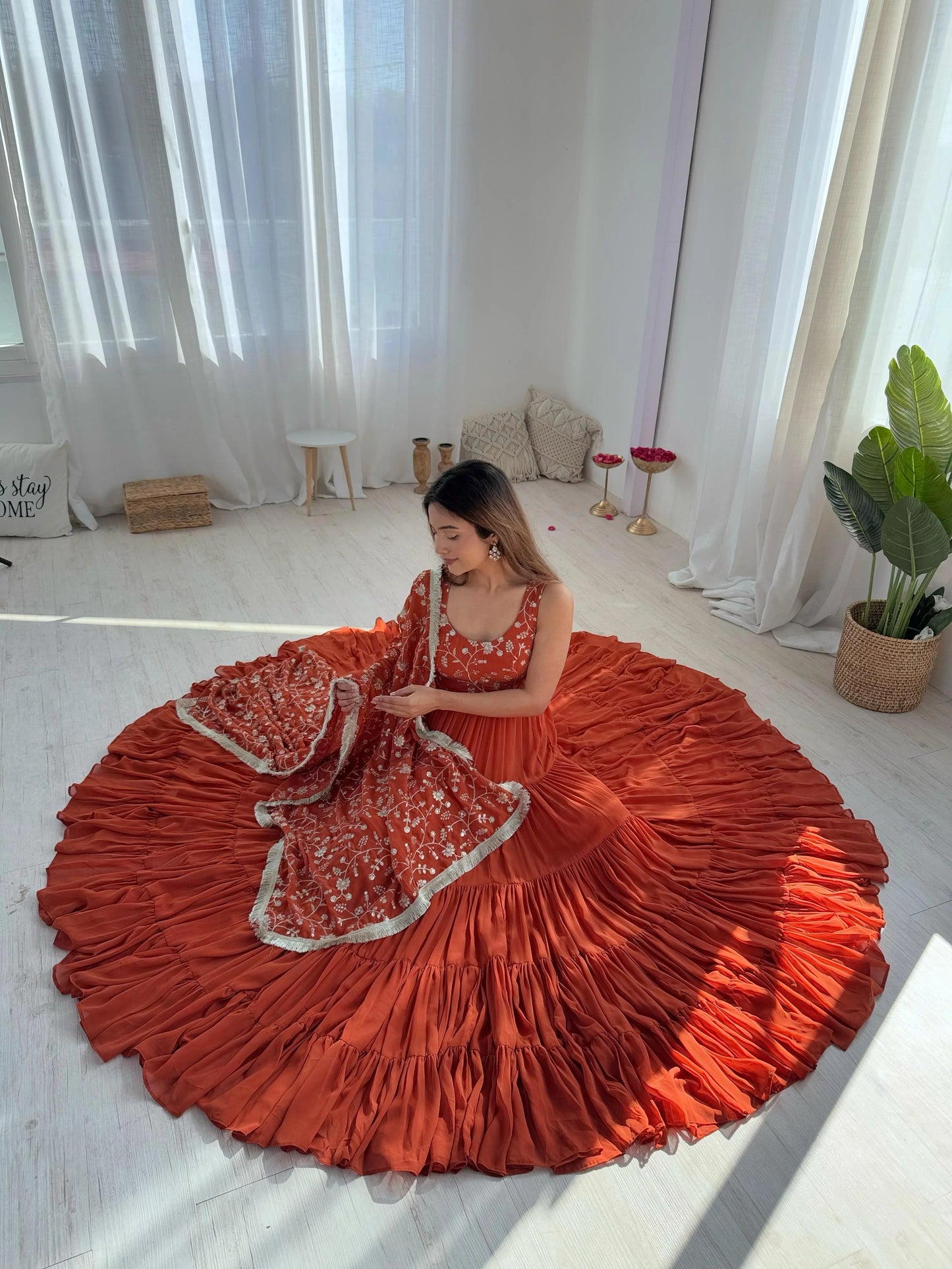 Rust Orange Embroidered Anarkali Suit Set with Dupatta | Traditional Ethnic Gown for Women |