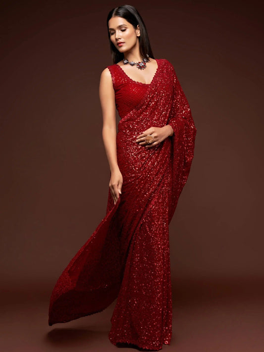 Ruby Red Lightweight  Sequin Embellished Georgette Saree