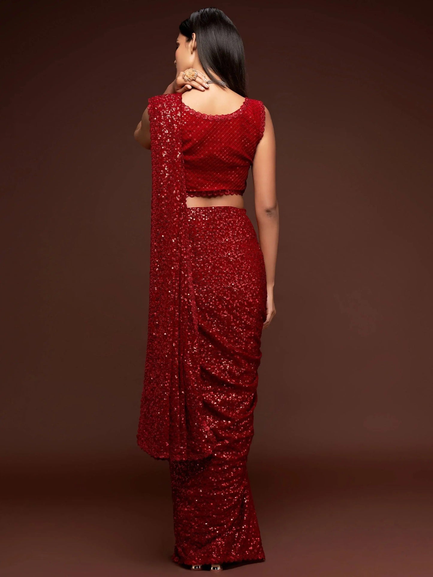 Ruby Red Lightweight  Sequin Embellished Georgette Saree