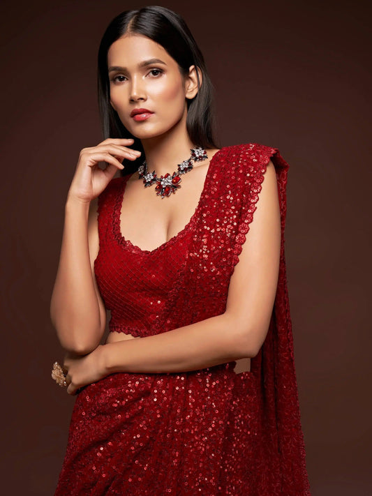 Ruby Red Lightweight  Sequin Embellished Georgette Saree
