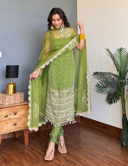 Luxury Olive Green Georgette Kurta Pant Set for Wedding & Festive Wear