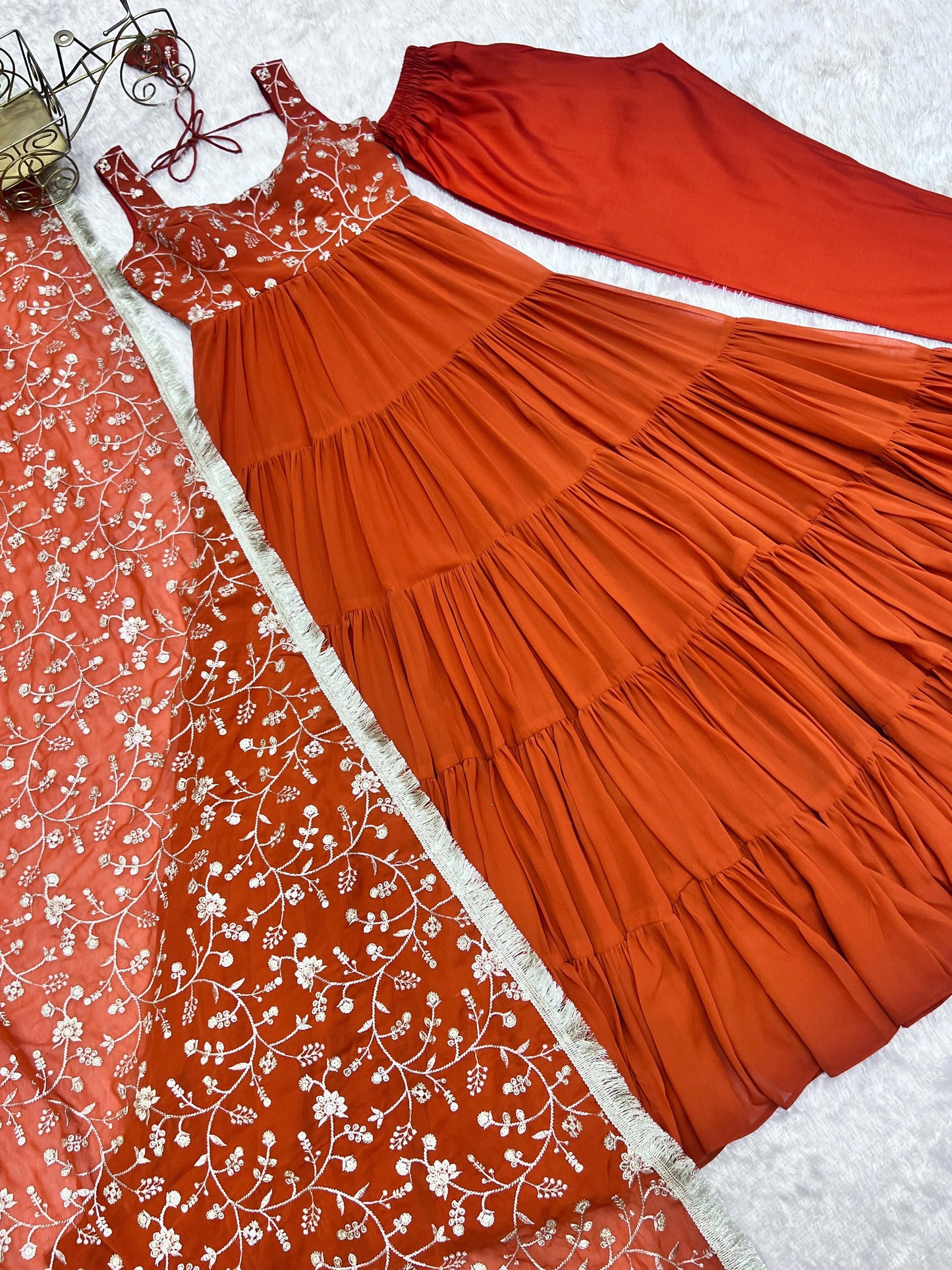 Rust Orange Embroidered Anarkali Suit Set with Dupatta | Traditional Ethnic Gown for Women |