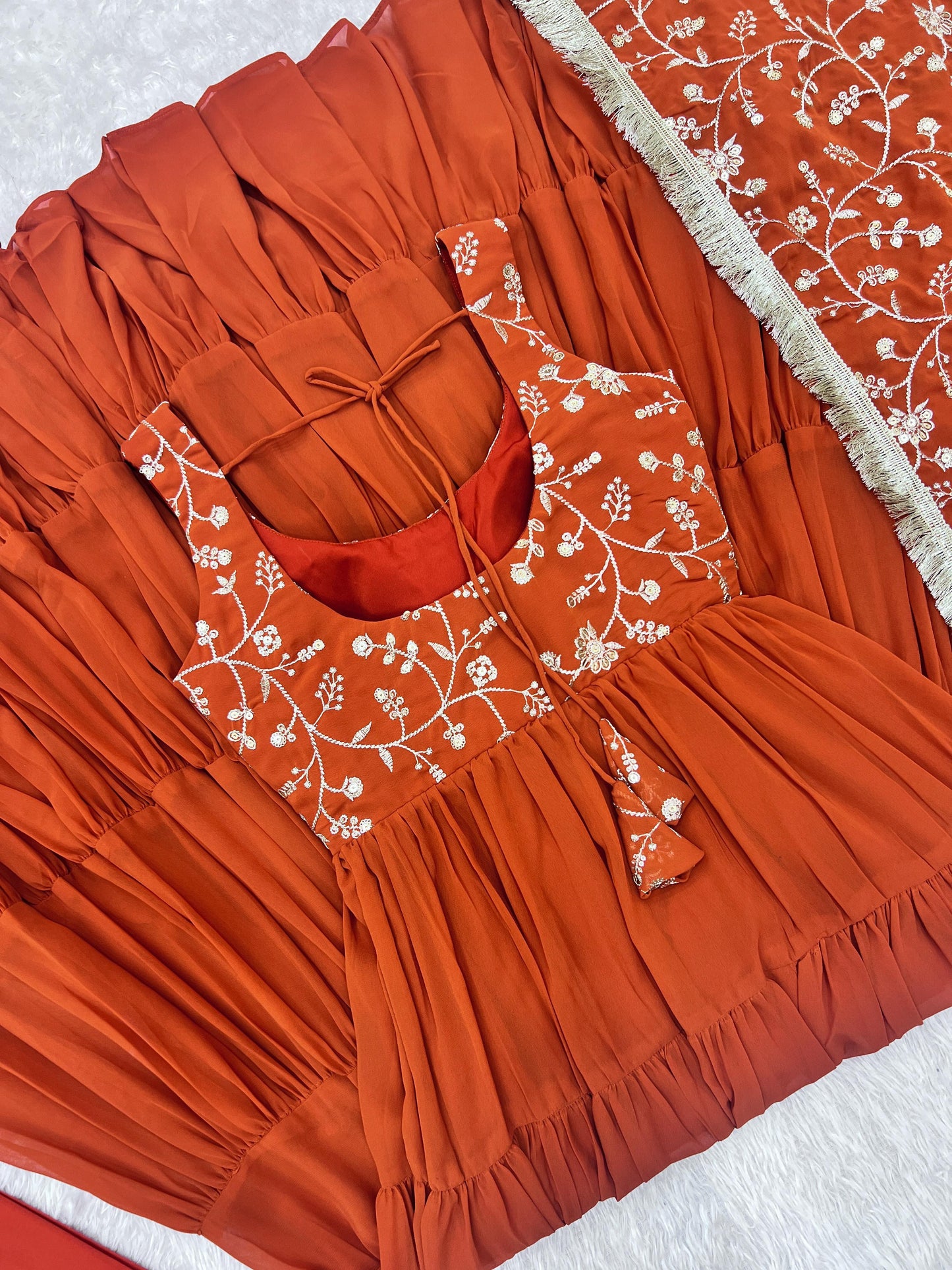 Rust Orange Embroidered Anarkali Suit Set with Dupatta | Traditional Ethnic Gown for Women |