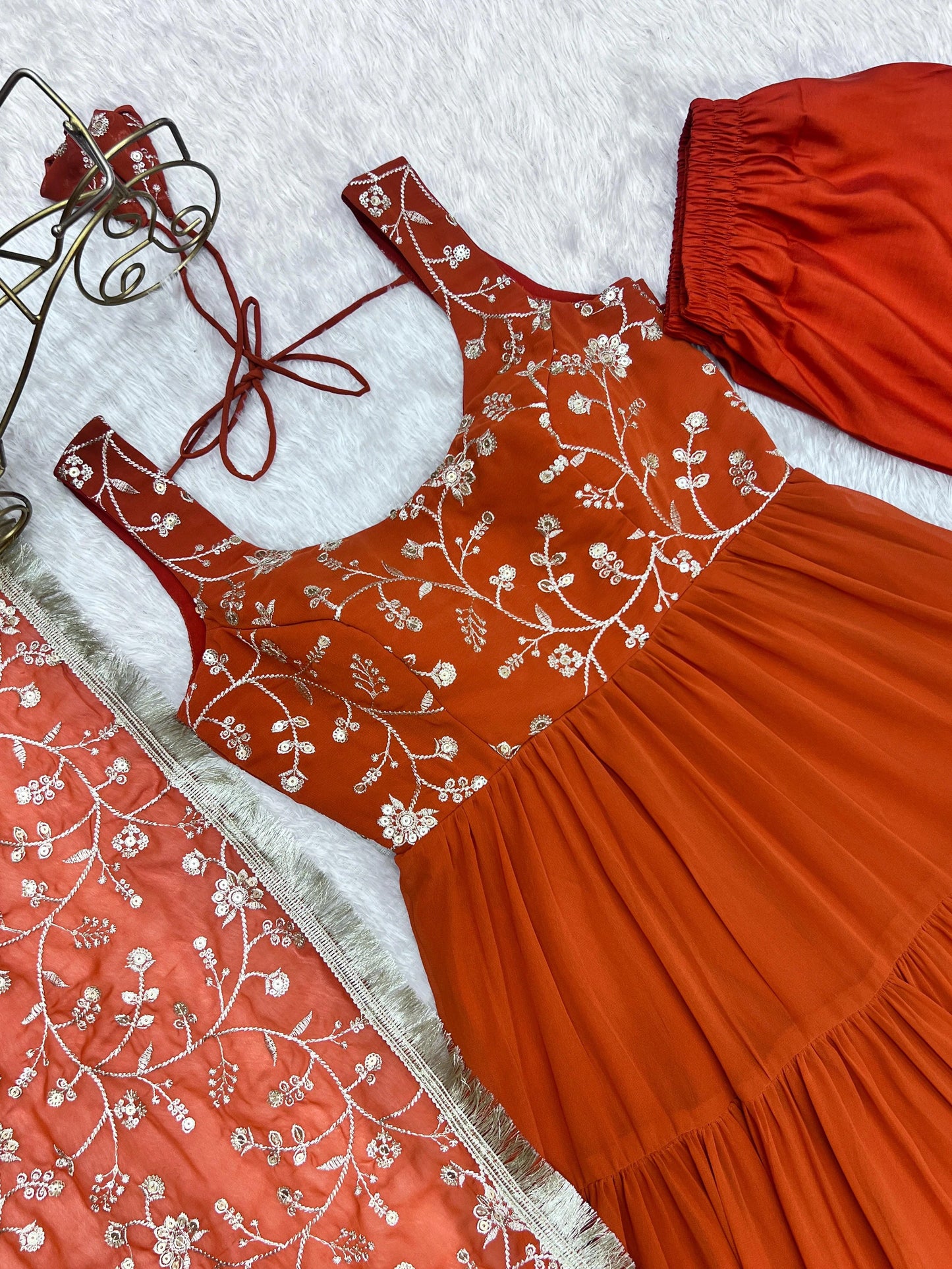 Rust Orange Embroidered Anarkali Suit Set with Dupatta | Traditional Ethnic Gown for Women |