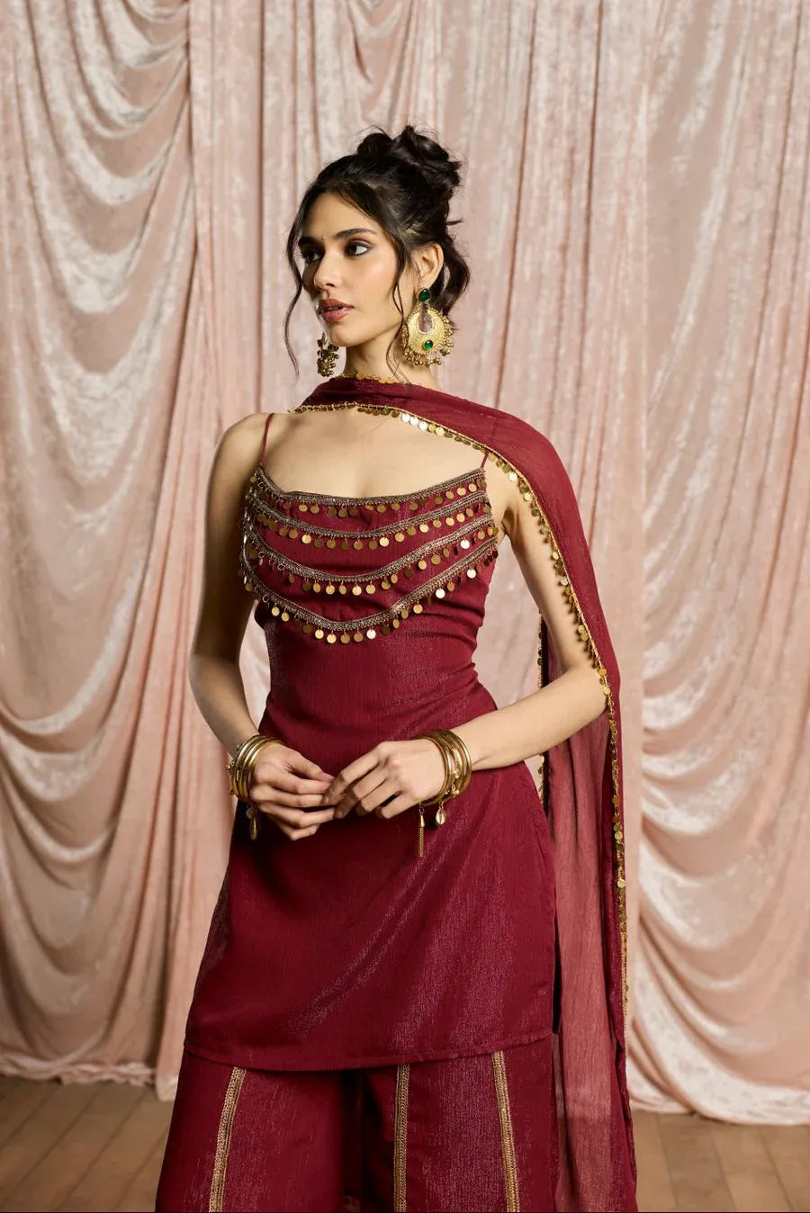 Women's Wine Red Chiffon Sharara Suit Set |Designer Kurti with Sharara & Dupatta