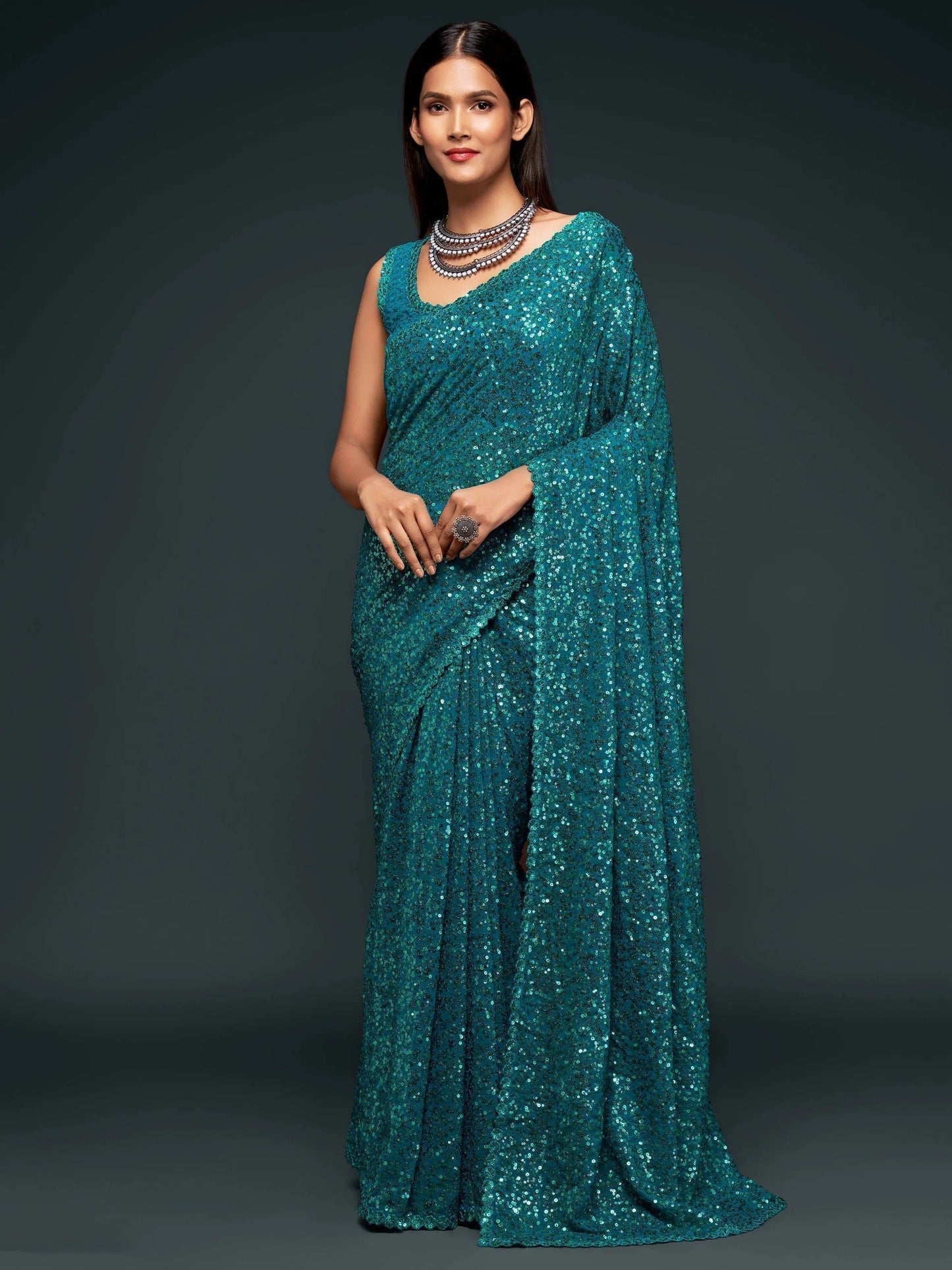 Teal Blue Sequin Georgette Saree for Party Look