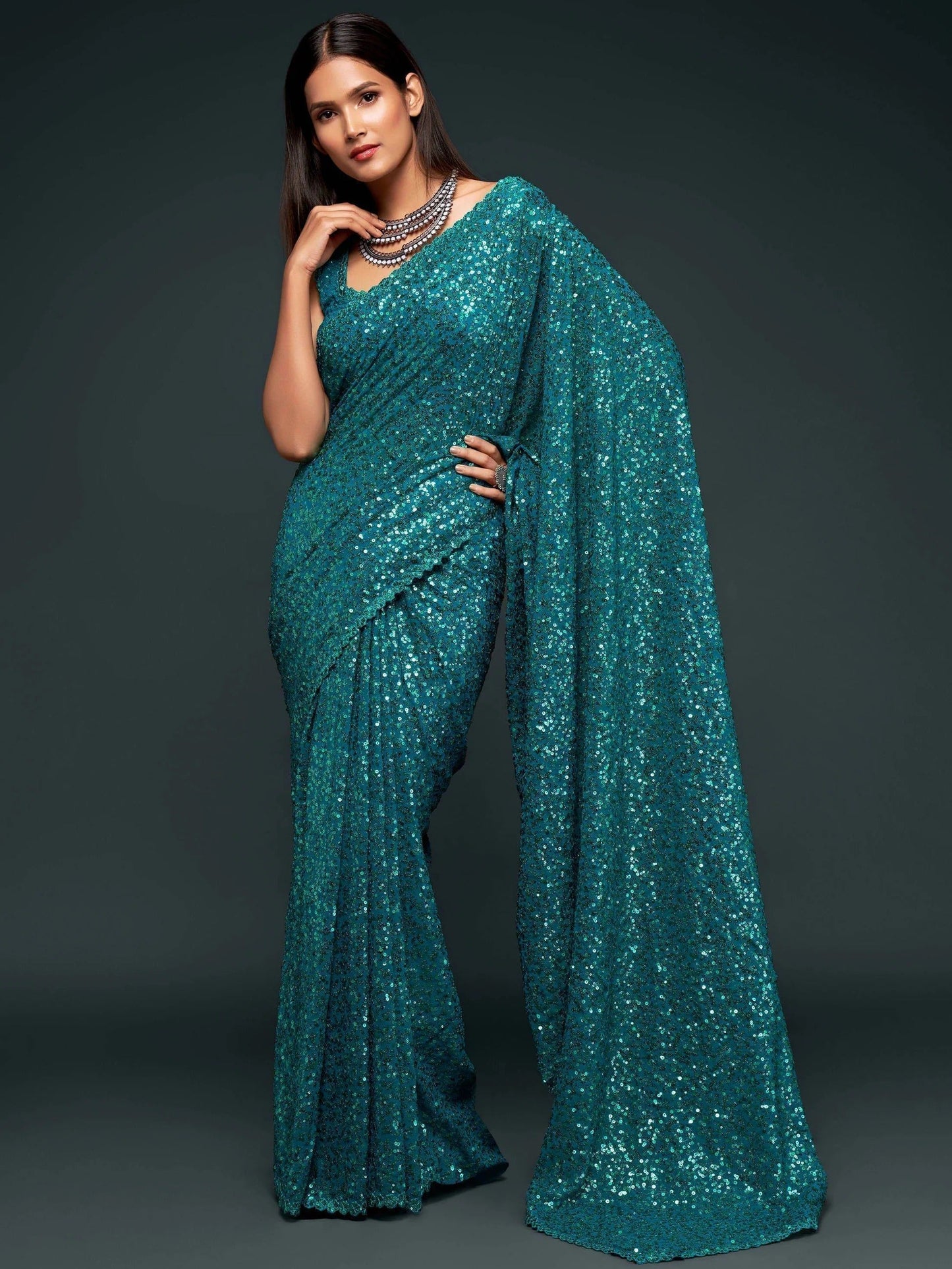 Teal Blue Sequin Georgette Saree for Party Look
