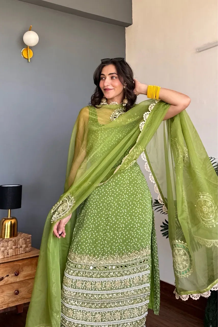 Luxury Olive Green Georgette Kurta Pant Set for Wedding & Festive Wear
