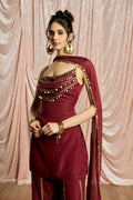Women's Wine Red Chiffon Sharara Suit Set |Designer Kurti with Sharara & Dupatta