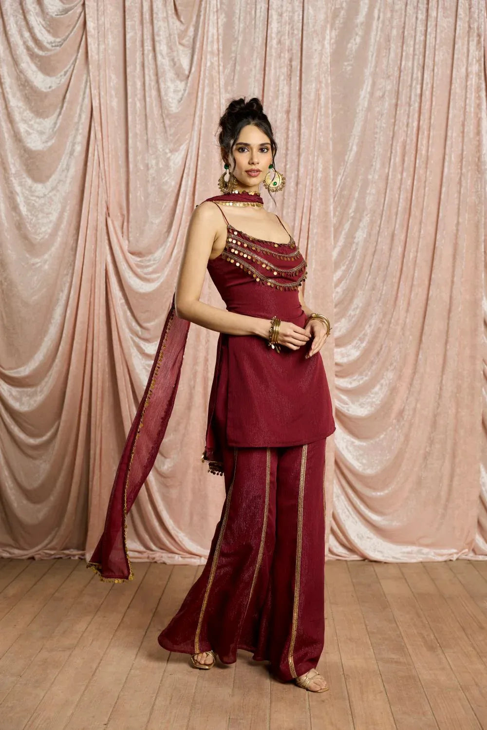 Women's Wine Red Chiffon Sharara Suit Set |Designer Kurti with Sharara & Dupatta