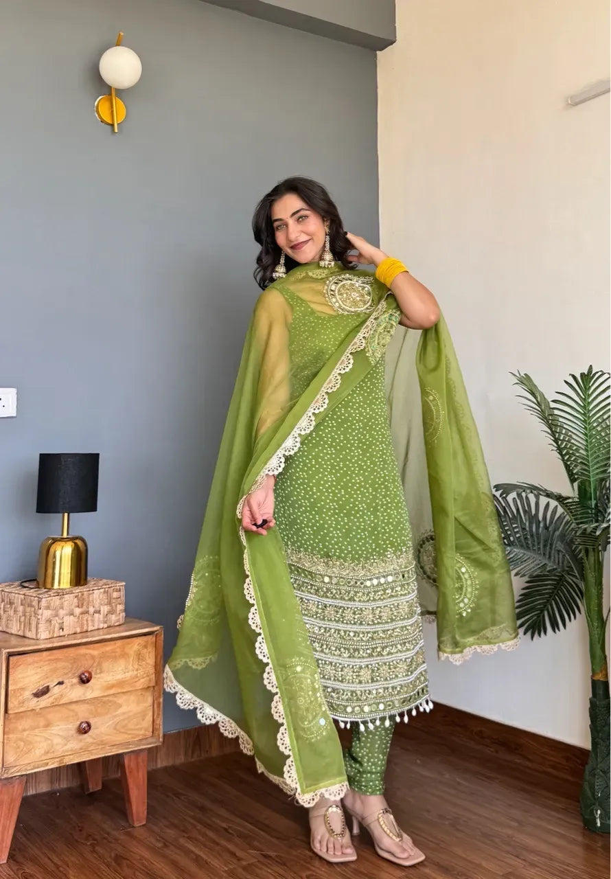 Luxury Olive Green Georgette Kurta Pant Set for Wedding & Festive Wear