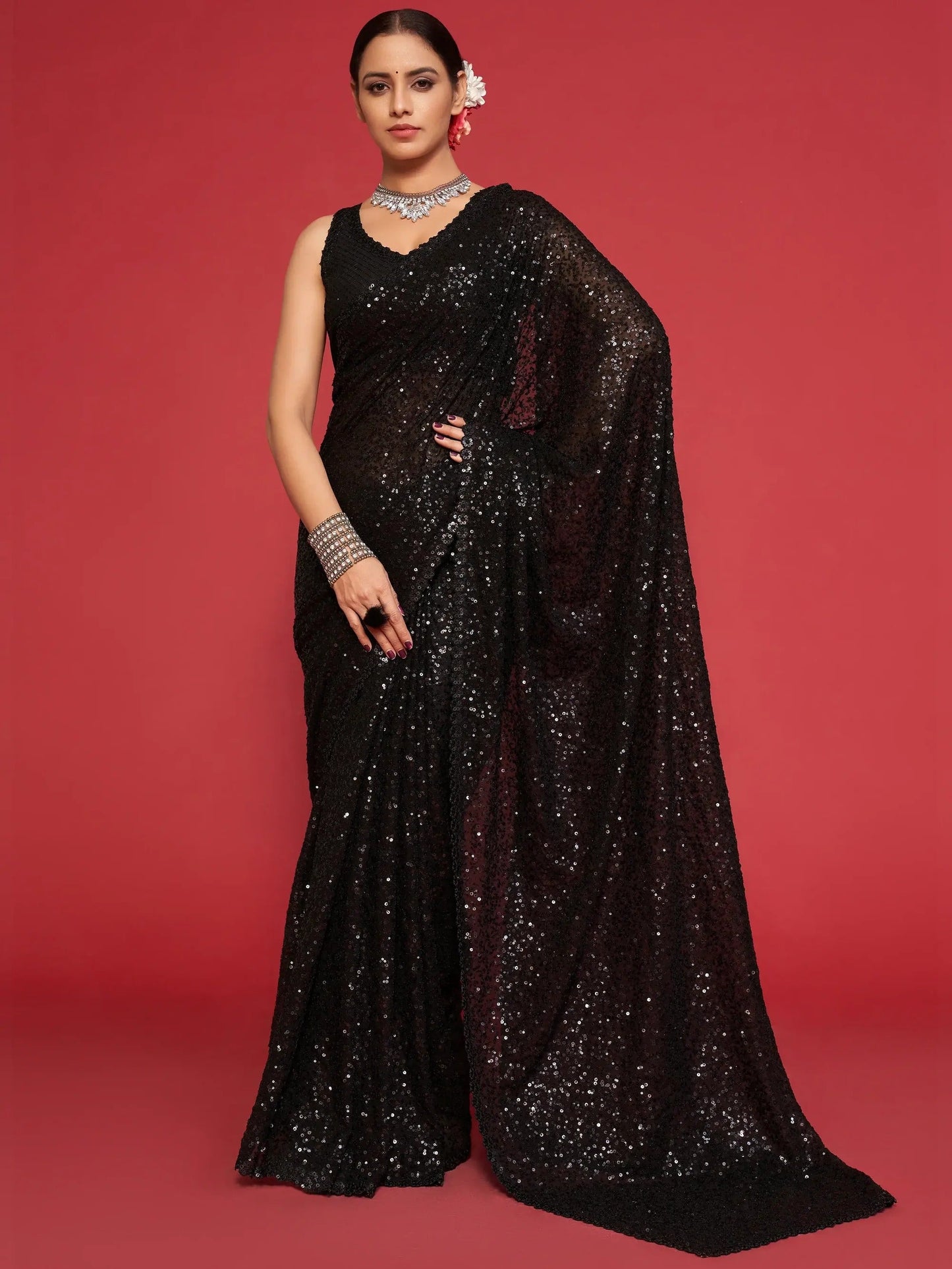 Classic Black Sequined Georgette Saree For Party Look