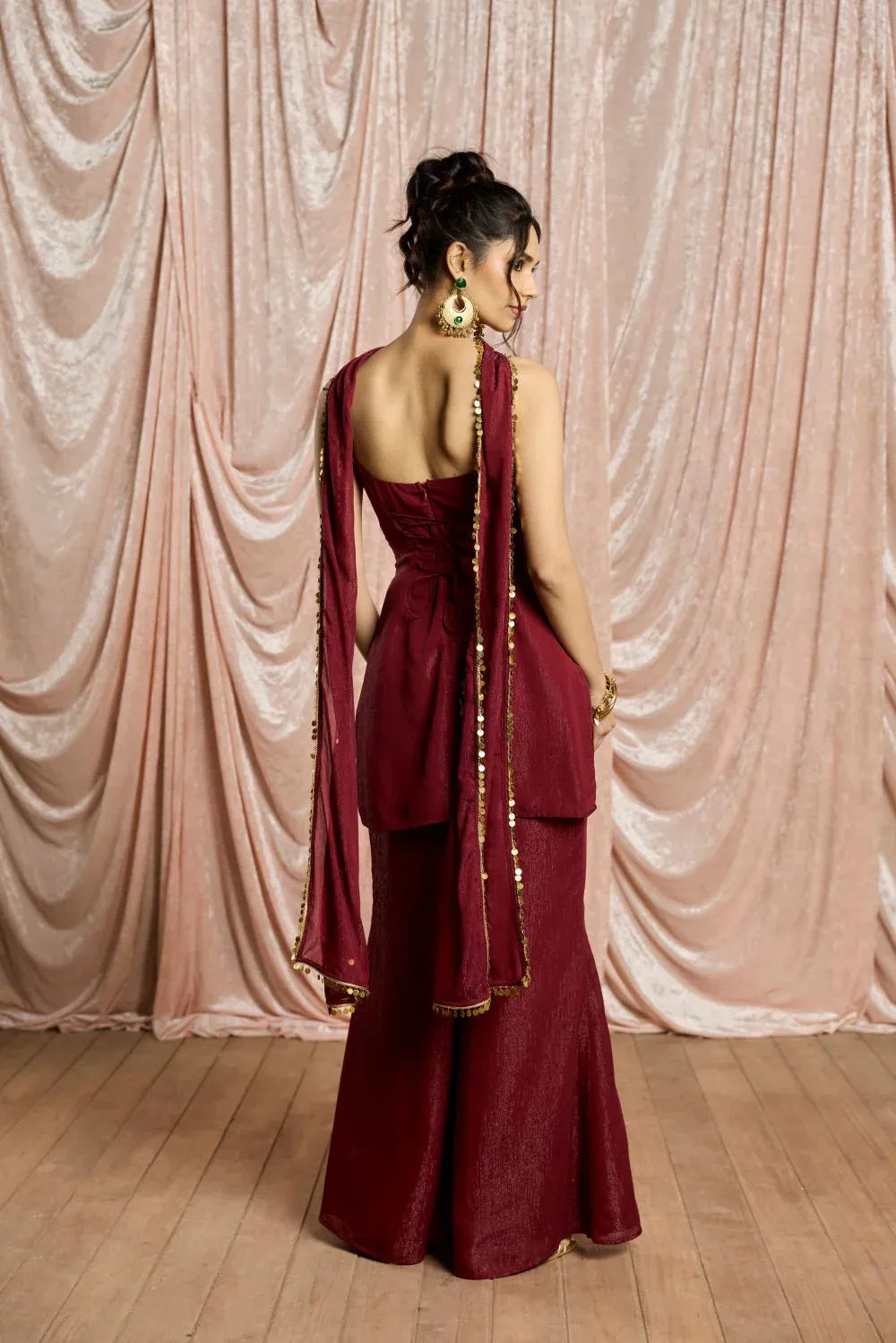 Women's Wine Red Chiffon Sharara Suit Set |Designer Kurti with Sharara & Dupatta