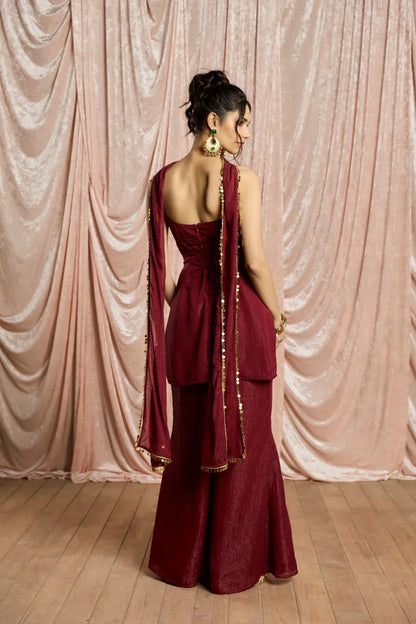 Olive Green Celebrity Style Sharara Suit With Coin Embellished Neckline