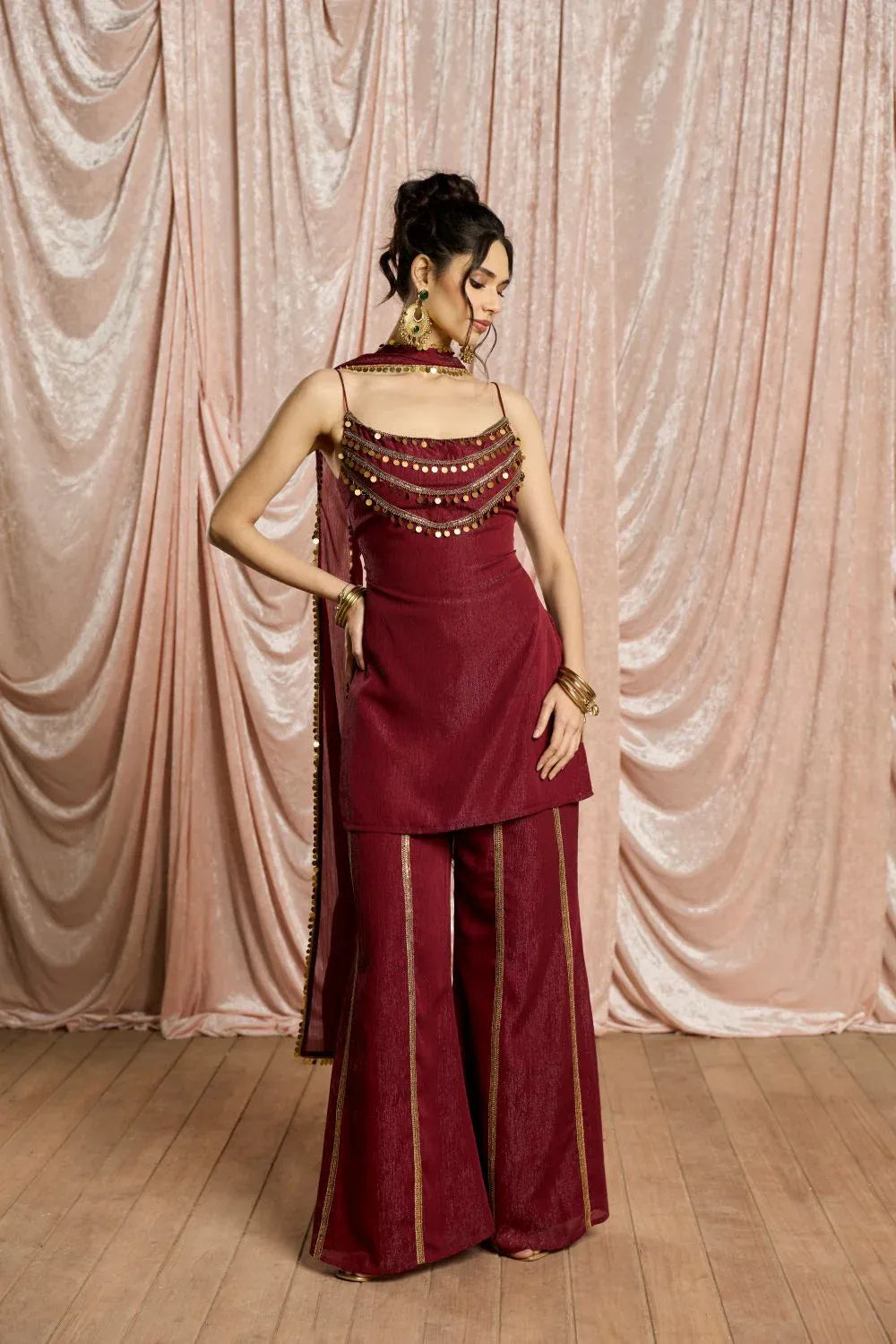 Women's Wine Red Chiffon Sharara Suit Set |Designer Kurti with Sharara & Dupatta