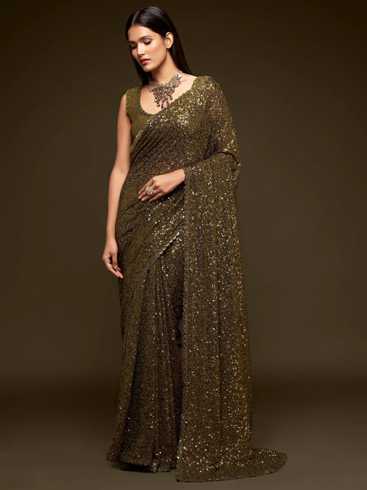 Stylish Olive Green Sequin Saree for Mehndi Function
