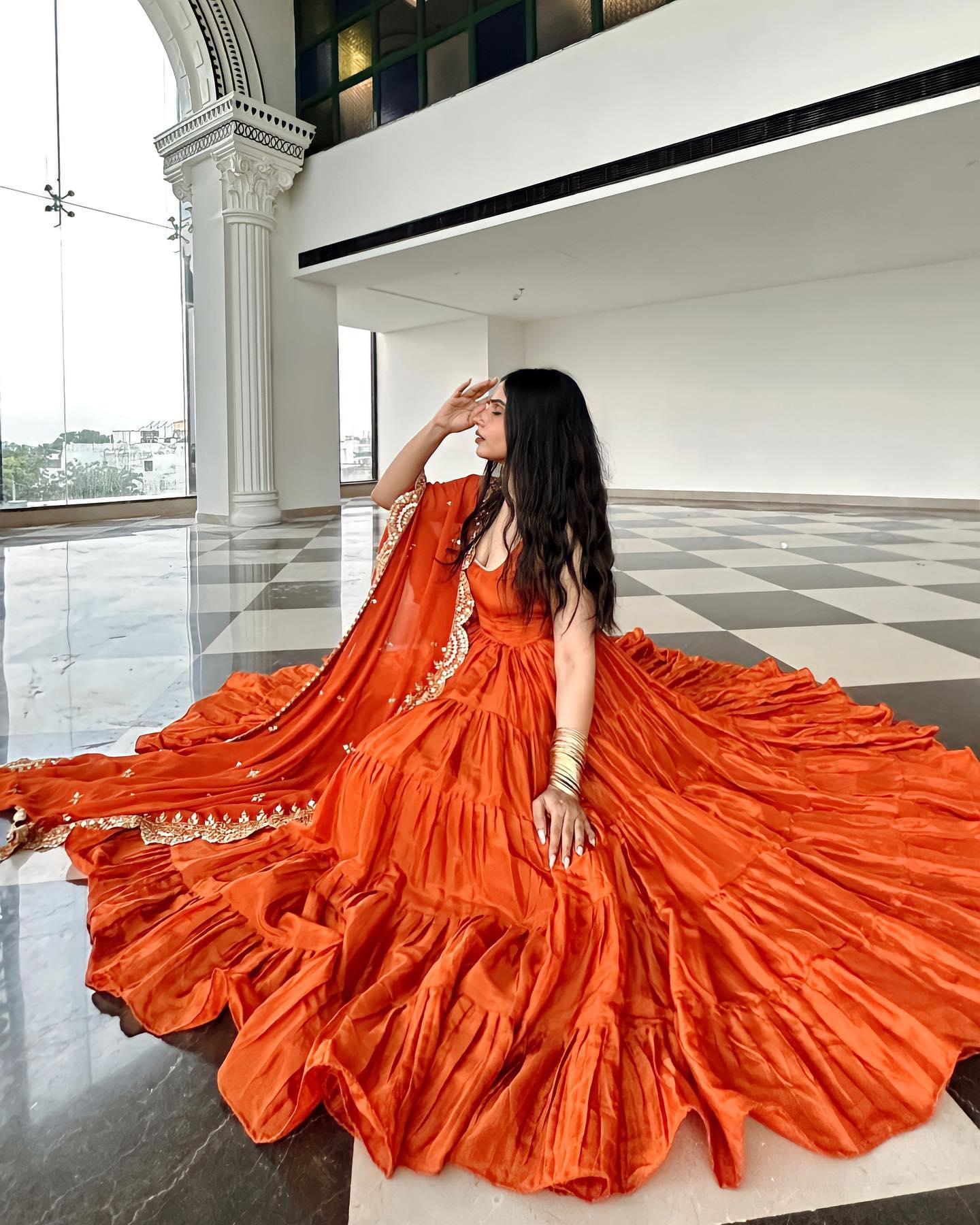 Orange Faux  Georgette Anarkali Gown Set-Festival & party wear