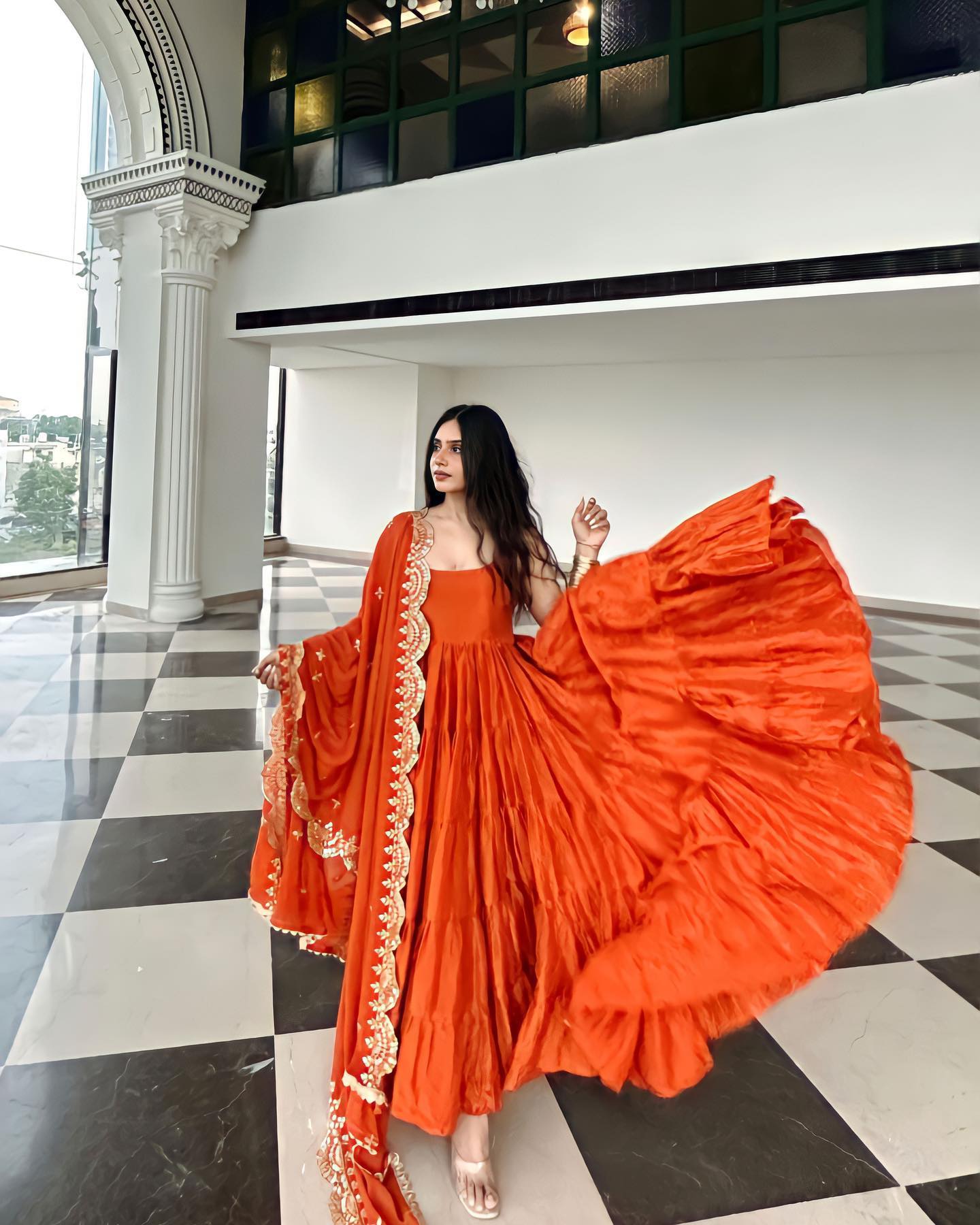 Orange Faux  Georgette Anarkali Gown Set-Festival & party wear