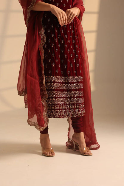 Maroon embroidered Anarkali suit with sheer dupatta, perfect for weddings and festivals