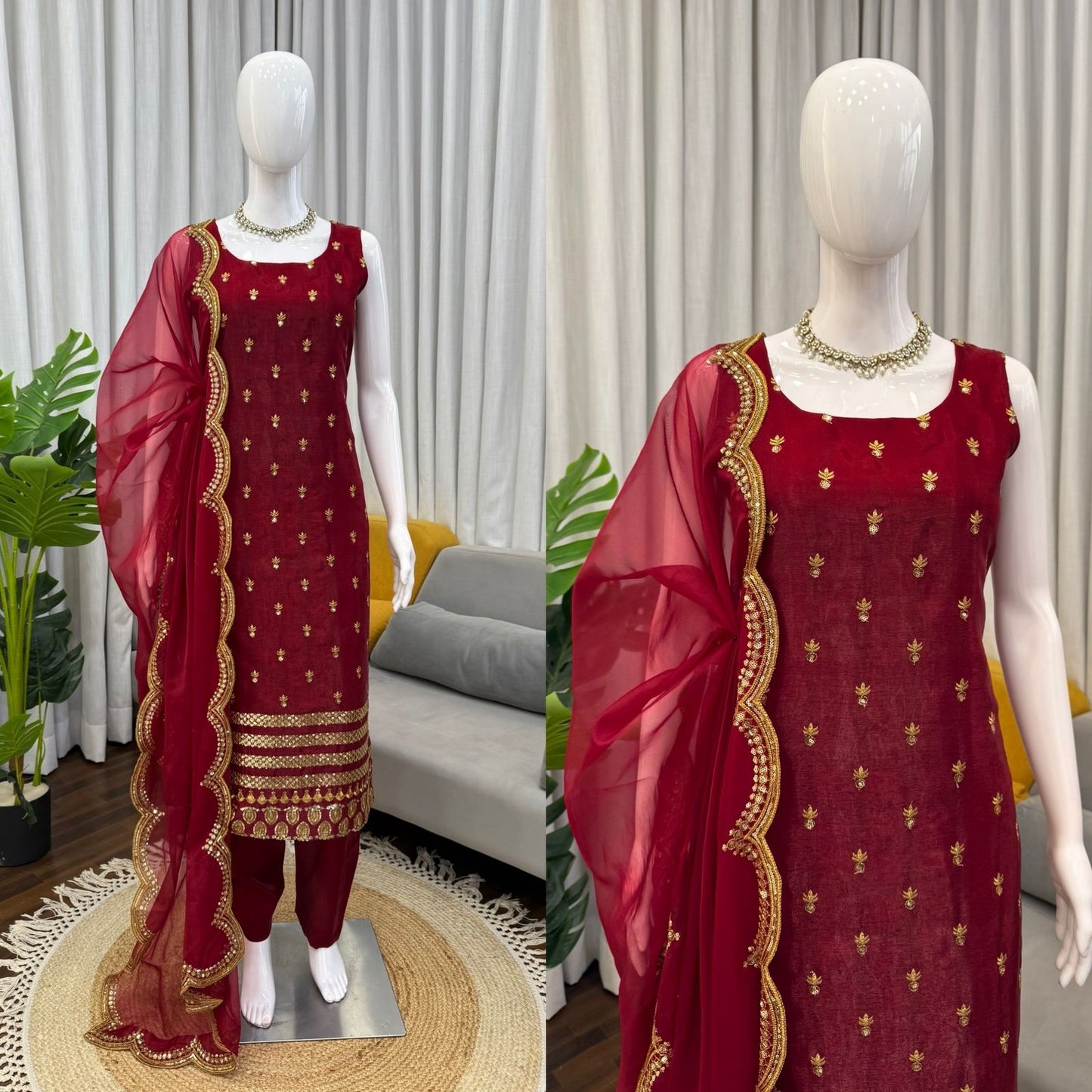 Maroon ethnic suit with gold embroidery, matching dupatta, perfect for festivals & weddings