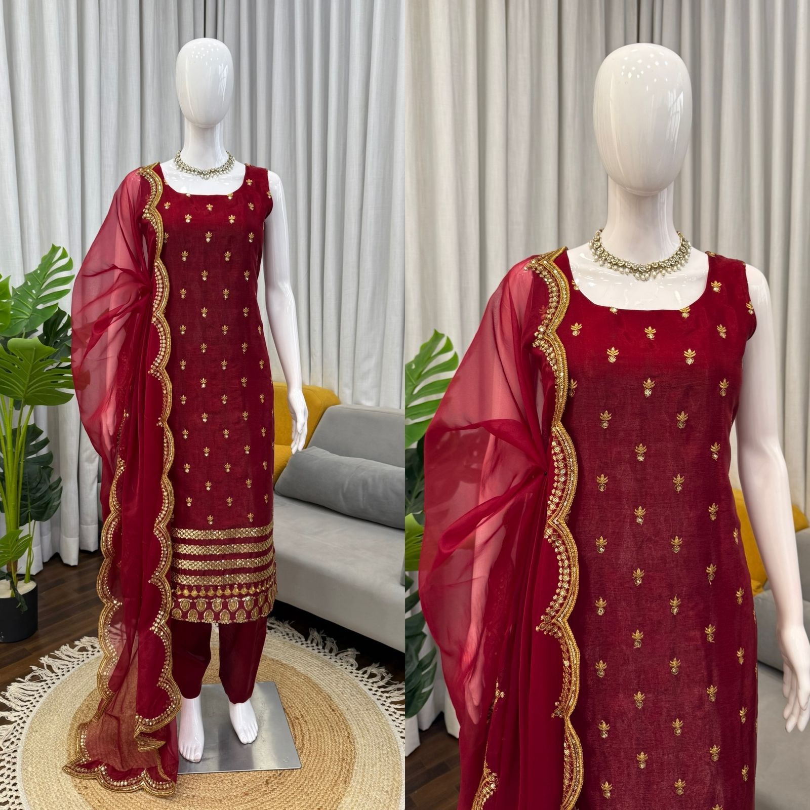 Maroon ethnic suit with gold embroidery, matching dupatta, perfect for festivals & weddings