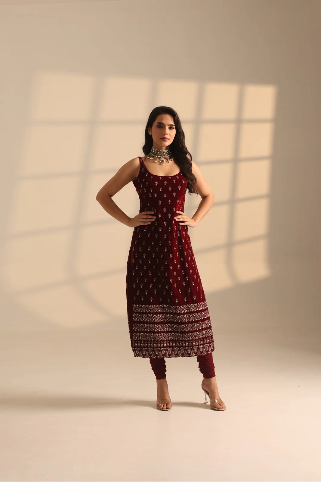 Maroon embroidered Anarkali suit with matching pants, perfect for Indian festivals and weddings