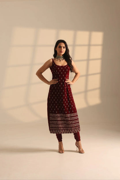 Maroon embroidered Anarkali suit with matching pants, perfect for Indian festivals and weddings